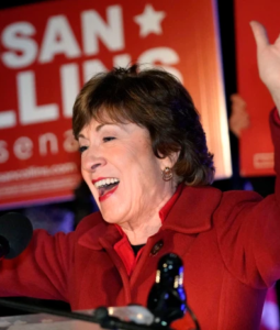 Sen. Susan Collins celebrating her re-election victory, Nov. 2020
