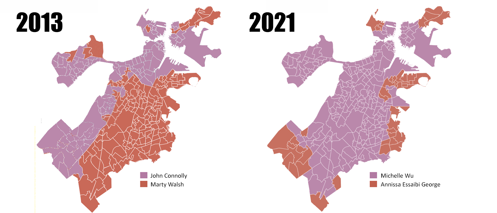 Boston mayoral results, 2013 vs. 2021